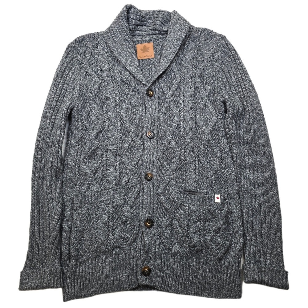 Canadiana Shawl Collar Cardigan Sweater Mens Small Gray Cable Knit‎ Chunky!
